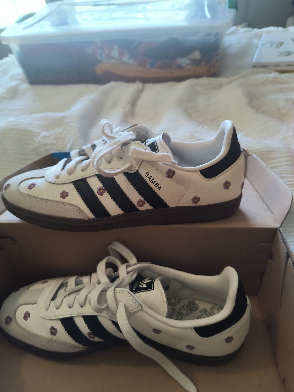 adidas White Black Samba Sneakers with Purple Flower Accents